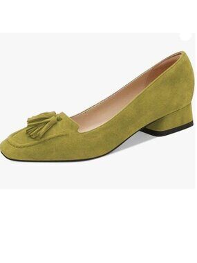 YDN Women Chunky Block Low Heel Loafers Square Toe Tassel Fringed Pumps Olive